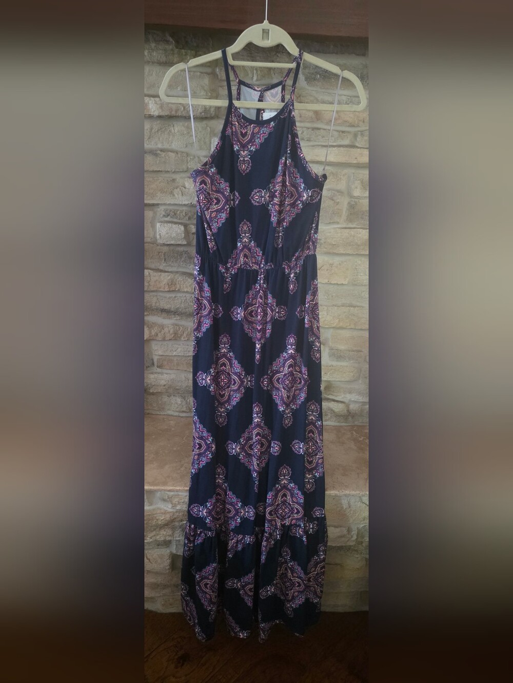 French Grey Navy Maxi Dress with Pink Paisley Print